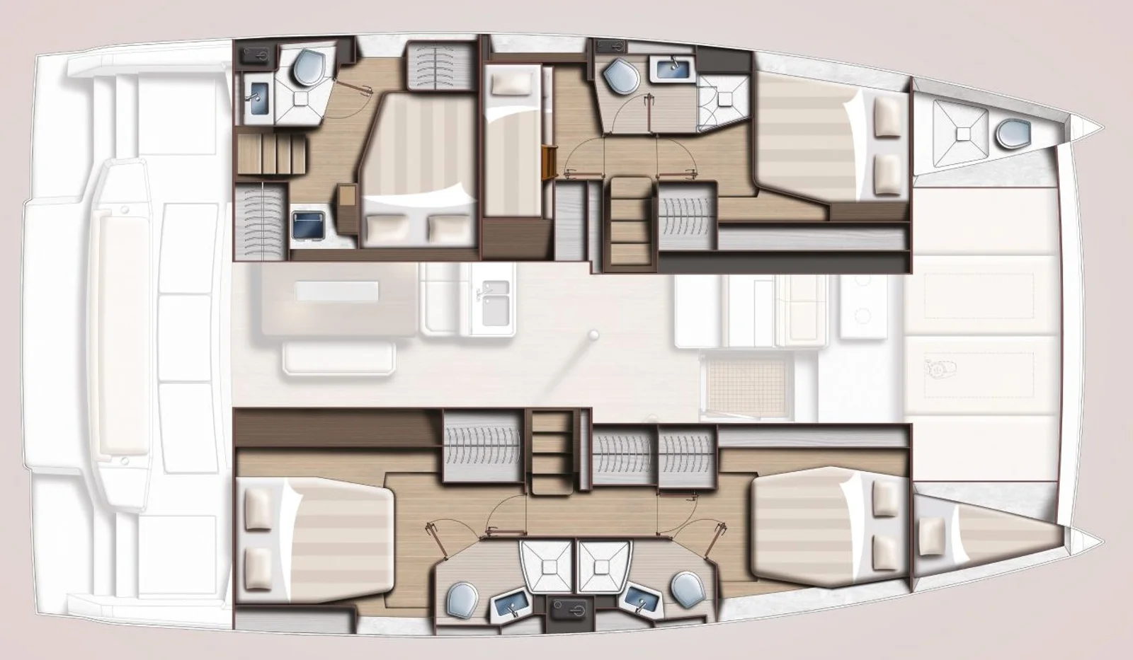 Deck plan of the Bali 4.6 five-cabin layout: two double cabins with bathrooms in each hull and a single bunk cabin