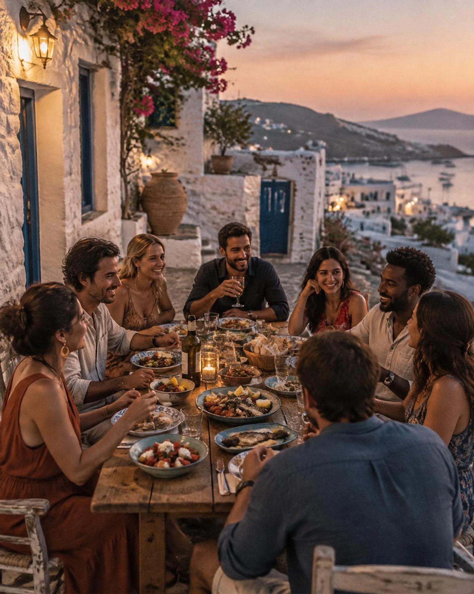 Illustrative scene of friends sharing a long dinner by the sea